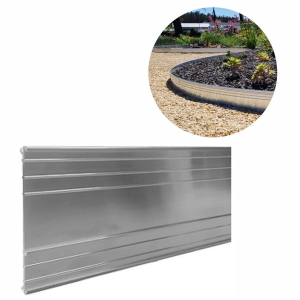 Metall Rasenkante aus verzinktem Stahl zur Abgrenzung von Beeten und Wegen im Garten mit Anwendungsbeispiel.