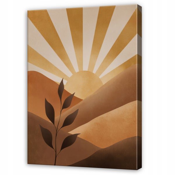 Leinwandbild mit abstraktem Motiv von Bergen, Sonnenstrahlen und einer Pflanze im Boho Stil