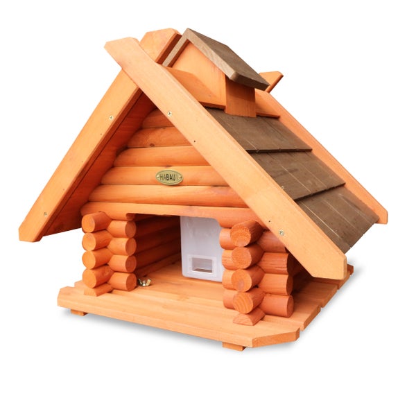 Holz-Futterhaus im Blockhausstil mit Habau Logo