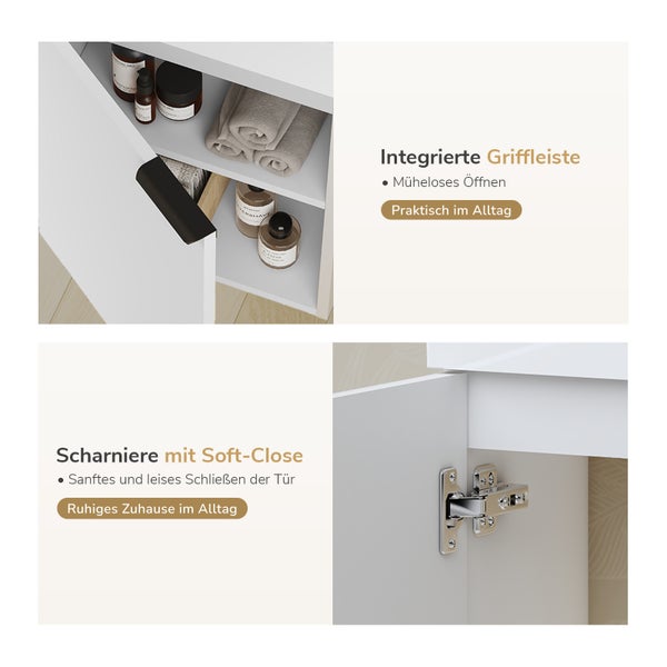 Badezimmerschrank mit integrierter Griffleiste und Scharnieren mit Soft Close Funktion für leises Schließen.