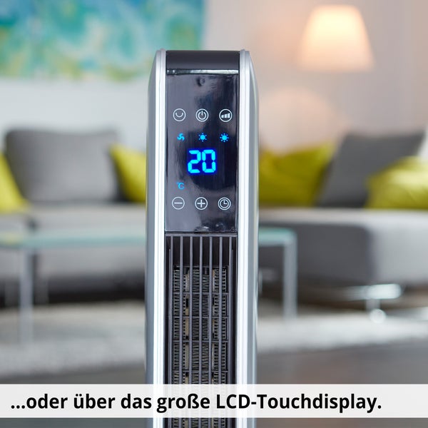 Nahaufnahme eines Heizlüfters mit großem LCD Touchdisplay.