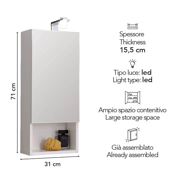 Badezimmerspiegelschrank mit LED-Beleuchtung und offenem Fach, 71 Zentimeter hoch, 31 Zentimeter breit, 15,5 Zentimeter tief.