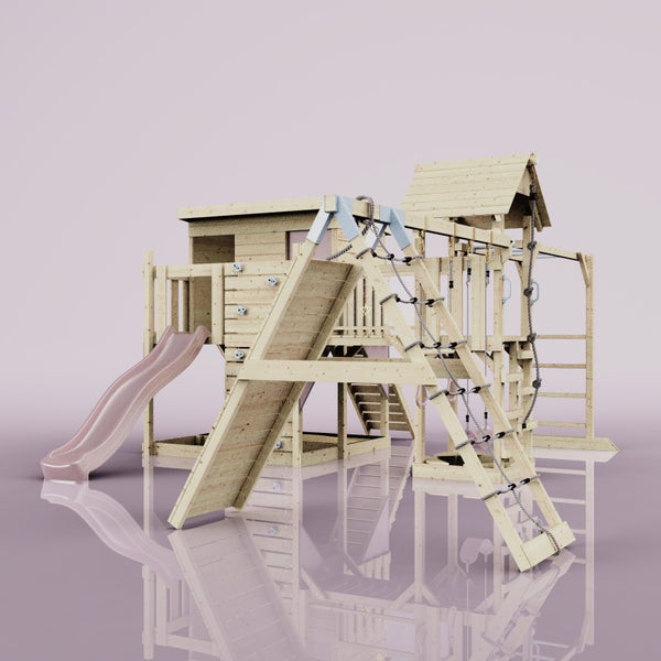 Spielturm aus Holz mit Rutsche, Kletterwand und Strickleiter