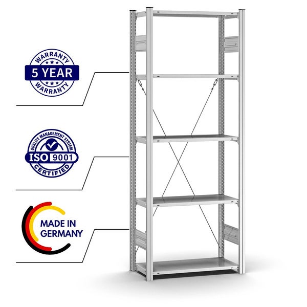 PROREGAL Profi Lagerregal Stecksystem T-Profil Grundregal HxBxT 200 x 75 x 30 cm Fachlast 125 kg Verzinkt