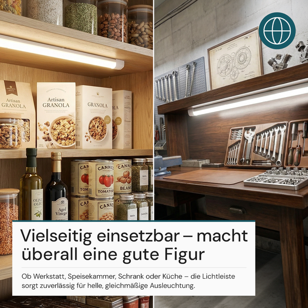 LED-Lichtleiste für helle, gleichmäßige Beleuchtung in einem Vorratsregal und über einer hölzernen Werkbank mit Werkzeug; hell und organisiert.