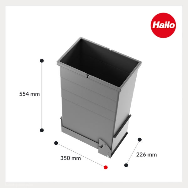 Hailo Logo. Grauer Abfalleimer mit 554 Millimeter Höhe, 350 Millimeter Breite und 226 Millimeter Tiefe.