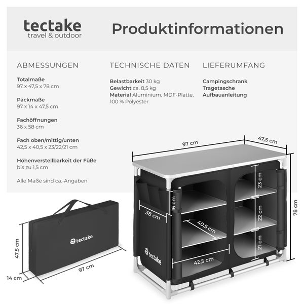 Produktinformationen zum Campingschrank von tectake mit Abmessungen und Lieferumfang