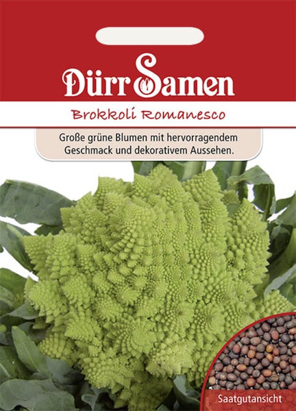 Samenpackung für Brokkoli Romanesco mit Dürr Samen Logo, Abbildung eines reifen Romanesco-Kohls und Ansicht der Samenkörner.