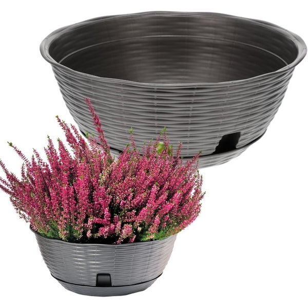 Pflanzschale Blumenschale Untersetzer Rattan Optik Kunststoff Friedhof Garten anthrazit 40 cm