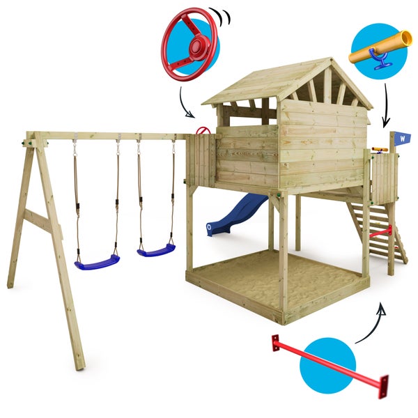 WICKEY Spielturm Klettergerüst Smart Peak mit Schaukel und Rutsche, Stelzenhaus mit Sandkasten, Kletterleiter und Spiel-Zubehör - blau