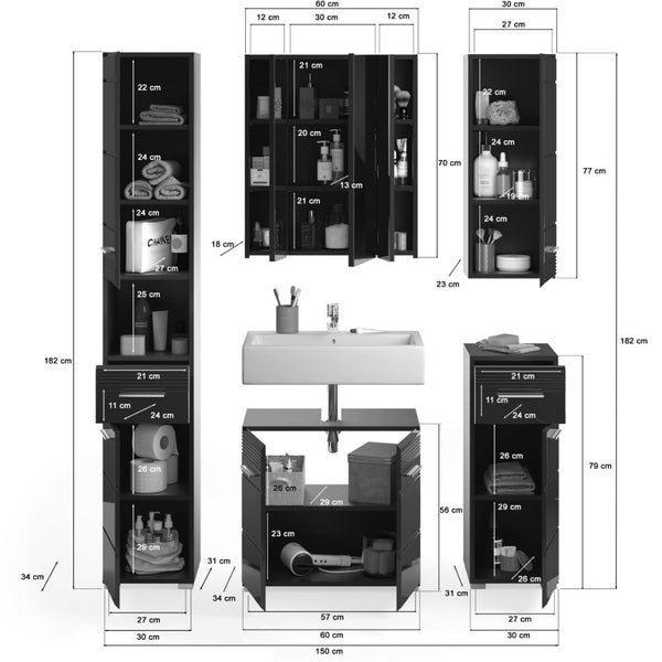 Badezimmermöbel-Set mit detaillierten Maßangaben in Zentimetern für Hochschrank, Spiegelschrank, Waschbecken und Unterschränke.