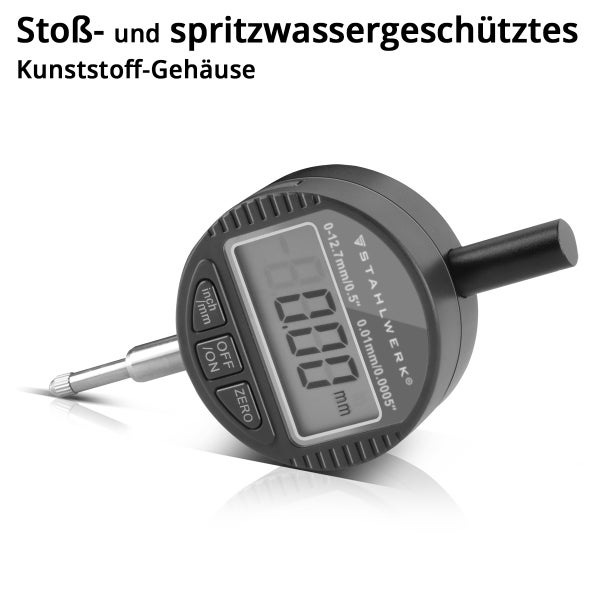 Stahlwerk digitale Messuhr mit stoß- und spritzwassergeschütztem Kunststoffgehäuse, Messbereich null bis zwölf Komma sieben Millimeter.
