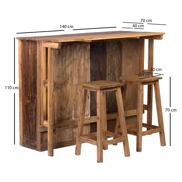 Barschrank-Set Aruba 3-tlg. Massivholz, mit 2 Barhockern, 12er Flaschenregal und Gläserschienen naturfarben