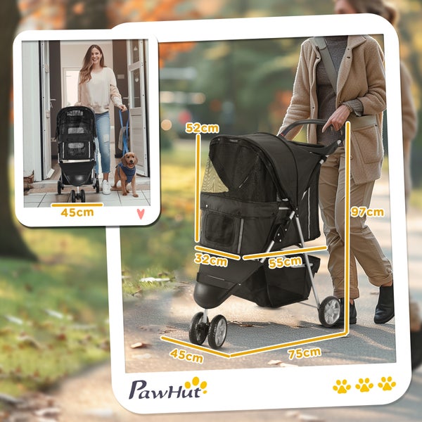 PawHut Tierkinderwagen mit Größenangaben. Das Bild zeigt eine Frau, die einen ähnlichen Wagen mit einem Hund benutzt.