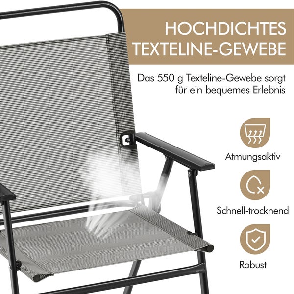Gartenstuhl mit 550 Gramm hochdichtem Texteline-Gewebe. Symbole weisen auf die Eigenschaften atmungsaktiv, schnell trocknend und robust hin.