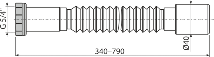 Technische Zeichnung eines flexiblen Ablaufschlauchs mit Anschluss G 5/4 Zoll, Durchmesser 40 Millimeter und Länge 340 bis 790 Millimeter.