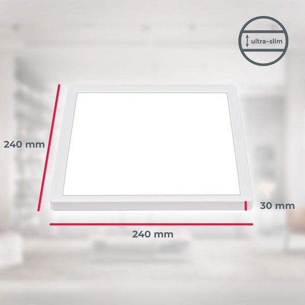 Quadratisches LED Panel mit Maßen 240 Millimeter mal 240 Millimeter und 30 Millimeter Höhe, ultra flaches Design.