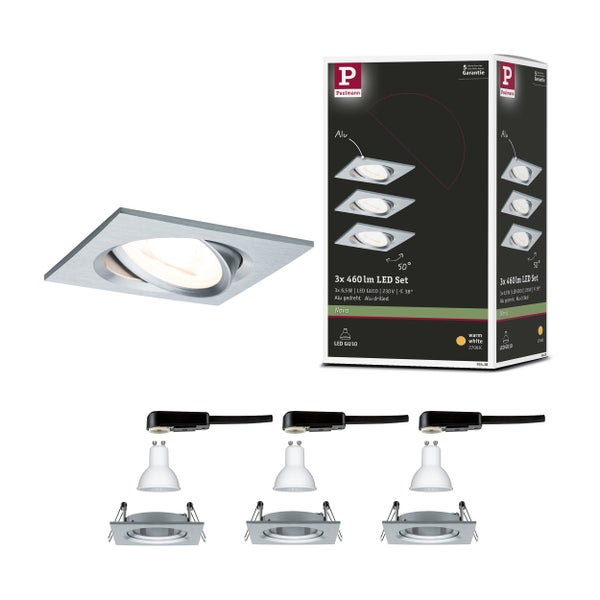 LED Einbauleuchte Nova Basisset schwenkbar eckig 84x84 mm 50° GU10 3x6,5W 3x460lm 230V 2700K Alu gedreht