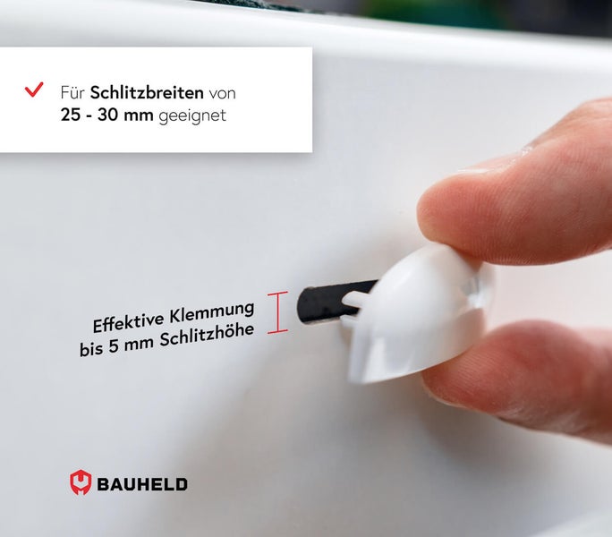 Bauheld Logo. Geeignet für Schlitzbreiten von 25 bis 30 Millimeter. Effektive Klemmung bis 5 Millimeter Schlitzhöhe