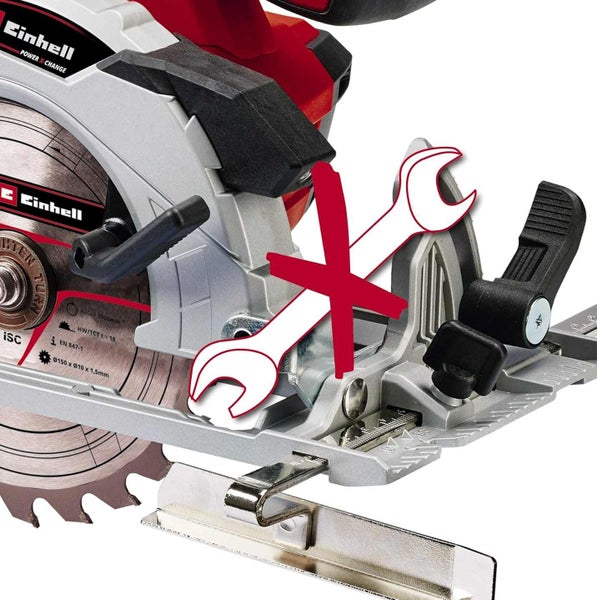 Einhell Handkreissäge mit werkzeugloser Verstellung. Ein durchgestrichener Schraubenschlüssel zeigt, dass kein Werkzeug benötigt wird.