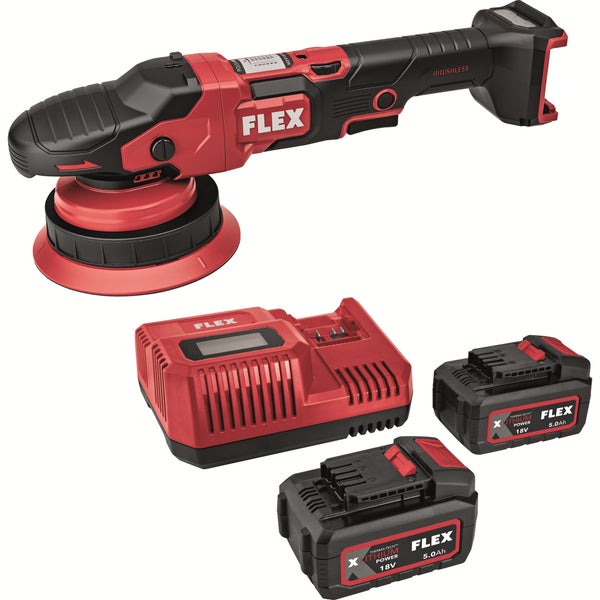 FLEX Akku Exzenterpolierer Set mit Ladegerät und zwei 18 Volt Lithium Ionen Akkus mit 5 Amperestunden Kapazität