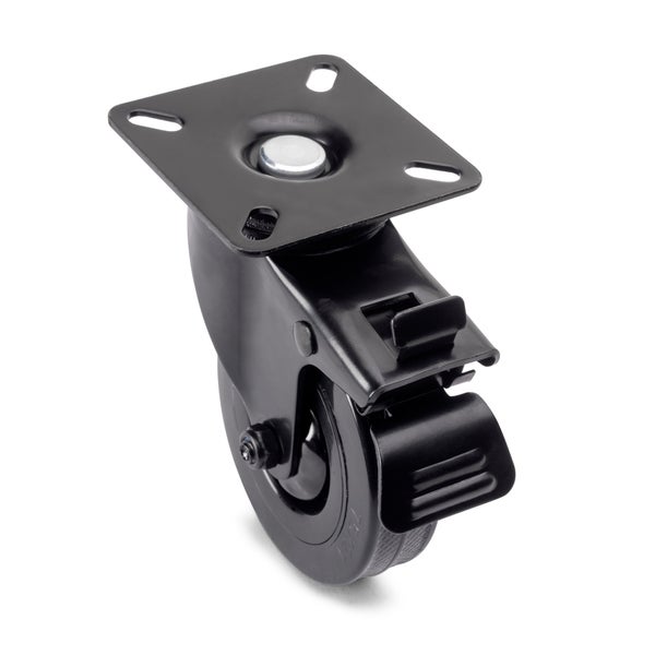 Lenkrolle mit Feststeller und Anschraubplatte, aus Metall und Kunststoff, Schwarz.