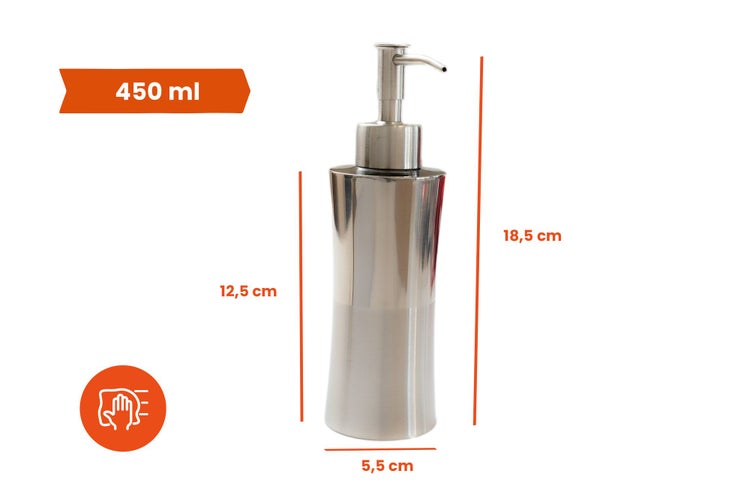 Seifenspender aus Edelstahl, 450 Milliliter, Höhe 18,5 Zentimeter, Breite 5,5 Zentimeter, Behälterhöhe 12,5 Zentimeter, manuelle Bedienung.