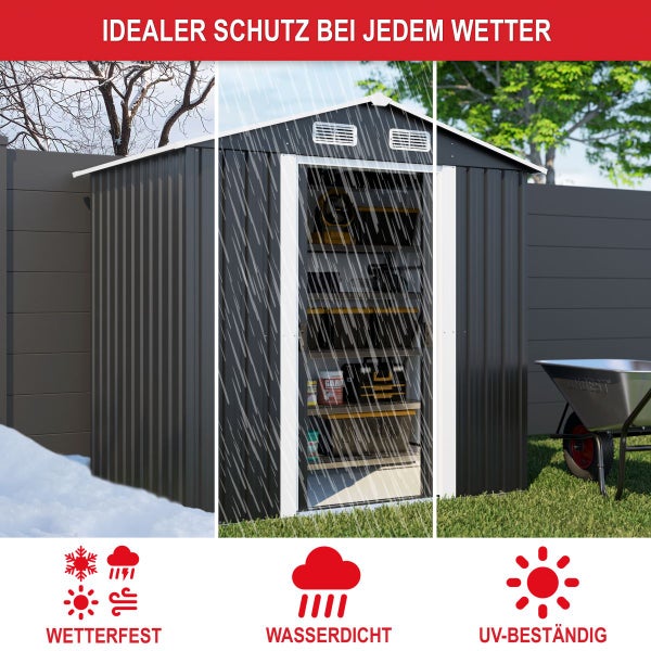 Modernes Gartenhaus aus Metall, wetterfest, wasserdicht und beständig gegen ultraviolette Strahlung, bei Schnee, Regen und Sonne mit Regalen innen.