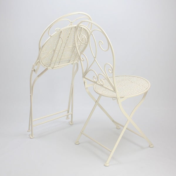 FRANK FLECHTWAREN | Bistro-Set White Romance, 3tlg., METALL, Stuhl 40 x 43 x 93 cm, Sitzhöhe 45 cm, platzsparend zusammenklappbar, Tisch Ø 60 x 70 cm
