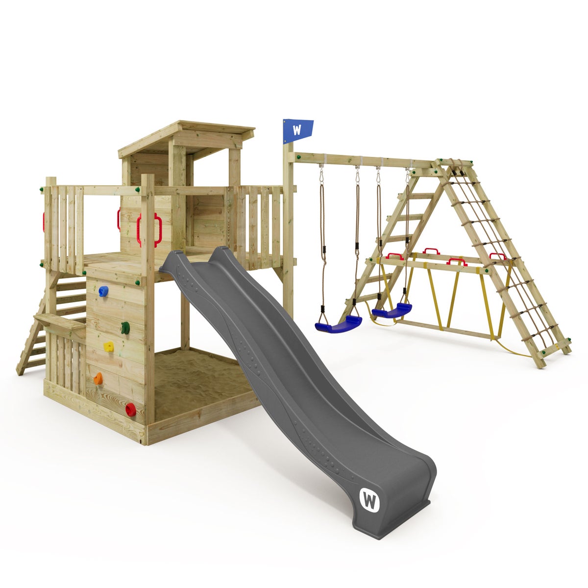 WICKEY Spielturm Klettergerüst Smart Nest mit Schaukel und Rutsche, Sandkasten, Surfswing mit Kletteranbau, Kletterwand und Spiel-Zubehör – anthrazit