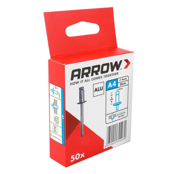 Arrow Blindnieten aus Aluminium, 4 Millimeter Durchmesser, 8 Millimeter Länge, Packung mit 50 Stück.