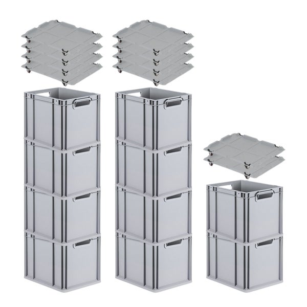 PROREGAL Spar Set 10x Eurobox Nextgen Economy Mit Auflagedeckel & 4x Schiebeschnappverschlüsse Schwarz Griffe Offen HxBxT 32 x 30 x 40 cm 30 Liter