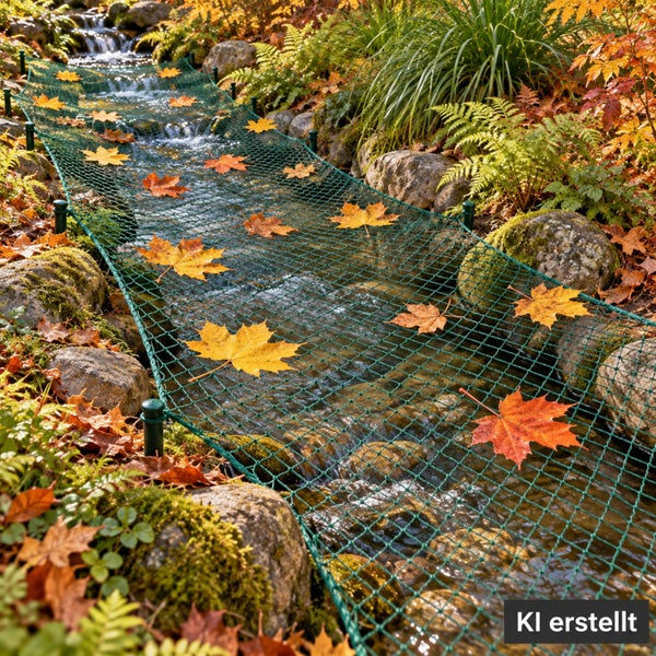 Ein engmaschiges Teichnetz über einem fließenden Gartenbach, um herabfallendes Laub im Herbst aufzufangen.