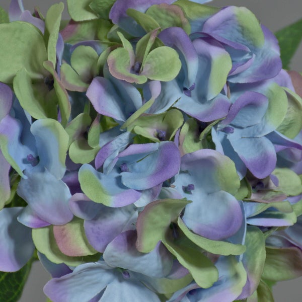 Nahaufnahme einer künstlichen Hortensie mit blau-lila und grünen Blütenblättern.