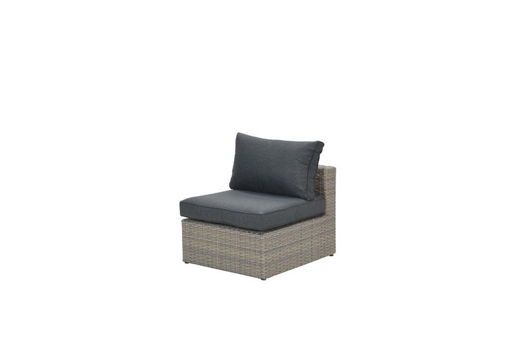 Lounge-Mittelteil aus grauem Polyrattan-Geflecht mit dunkelgrauen Sitz- und Rückenkissen.