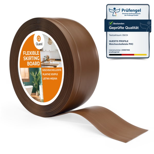 Rolle mit flexibler Weichsockelleiste aus Polyvinylchlorid von Quest Profile mit Prüfengel Siegel für geprüfte Qualität