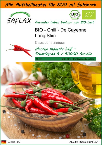 SAFLAX Garden in the bag - BIO - Chili - De Cayenne Long Slim - Capsicum annuum - 10 Samen - Mit Anzuchtsubstrat im praktischen, selbst aufstellenden Beutel