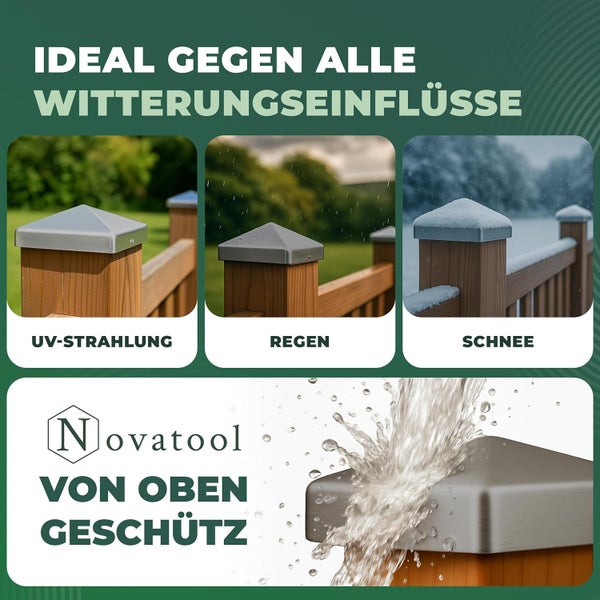 Novatool Logo. Zaunpfostenkappe bietet Schutz vor ultravioletter Strahlung, Regen und Schnee.