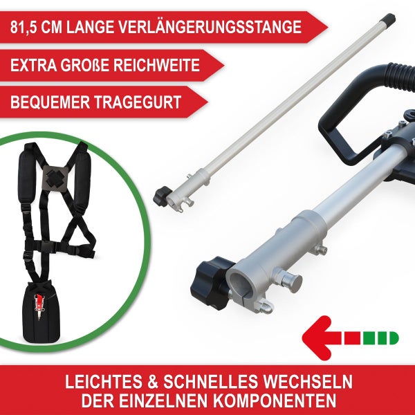 Verlängerungsstange für Motorgeräte, 81,5 Zentimeter lang, mit gepolstertem Schultergurt und Schnellkupplung zum Wechseln der Komponenten.
