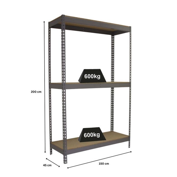 PROREGAL Schwerlastregal Wood Beast Three HxBxT 200 x 150 x 45 cm 3 Ebenen Fachlast 600 kg Grau