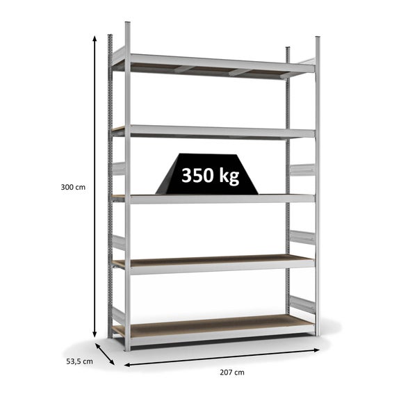 PROREGAL Weitspannregal Stecksystem T-Profil Grundregal HxBxT 300x200x50 cm 5 Ebenen Spanplatten Fachboden Fachlast 350 kg Verzinkt