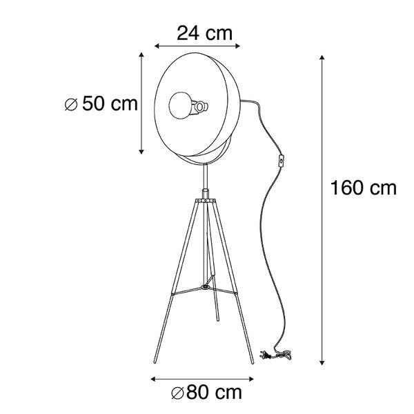 Illustration einer Stehlampe mit den Maßen 160 cm Höhe, Lampenschirmdurchmesser 50 cm, Lampenschirmtiefe 24 cm und Stativdurchmesser 80 cm.