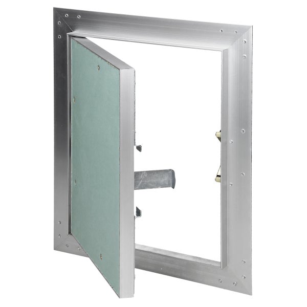 Revisionsklappe aus Aluminium mit Gipskartoneinlage für den Trockenbau, halb geöffnet.