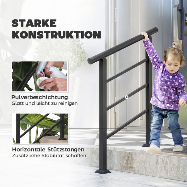 Schwarzes Treppengeländer mit Pulverbeschichtung und horizontalen Stützstangen für Stabilität, ein Kind hält sich am Handlauf fest.