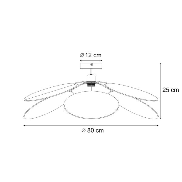 Technische Zeichnung einer Deckenleuchte mit Maßen: Durchmesser 80 Zentimeter, Höhe 25 Zentimeter, Durchmesser der Halterung 12 Zentimeter.