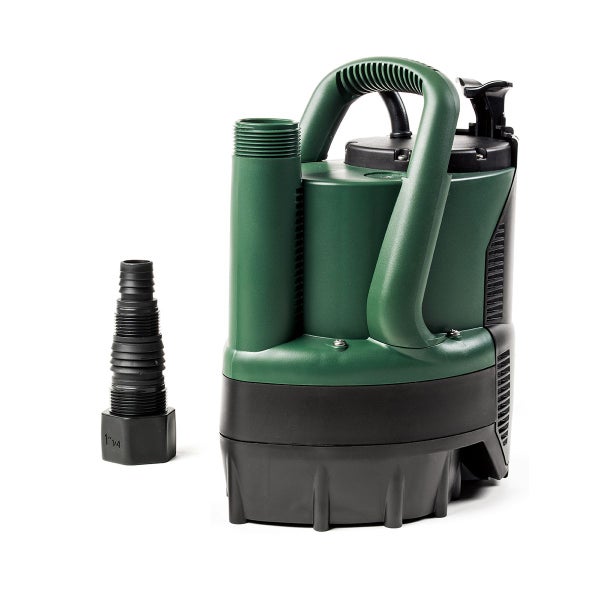 Grüne Tauchpumpe mit schwarzem Schlauchanschluss