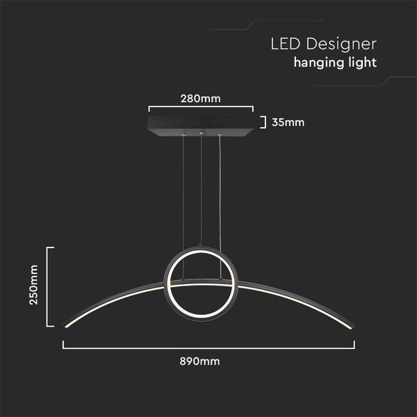 LED Designer Hängeleuchte mit den Maßen 280 mm x 35 mm und 890 mm x 250 mm