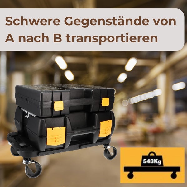 Zwei schwarze Werkzeugkoffer auf einem Rollbrett mit dem Symbol für eine maximale Traglast von 543 Kilogramm.
