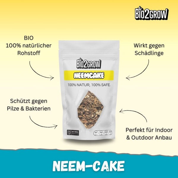 Bio2Grow Neemcake in einer Verpackung. Natürlicher Rohstoff zur Schädlingsbekämpfung sowie zum Schutz gegen Pilze und Bakterien, geeignet für Innen- und Aussenanbau.
