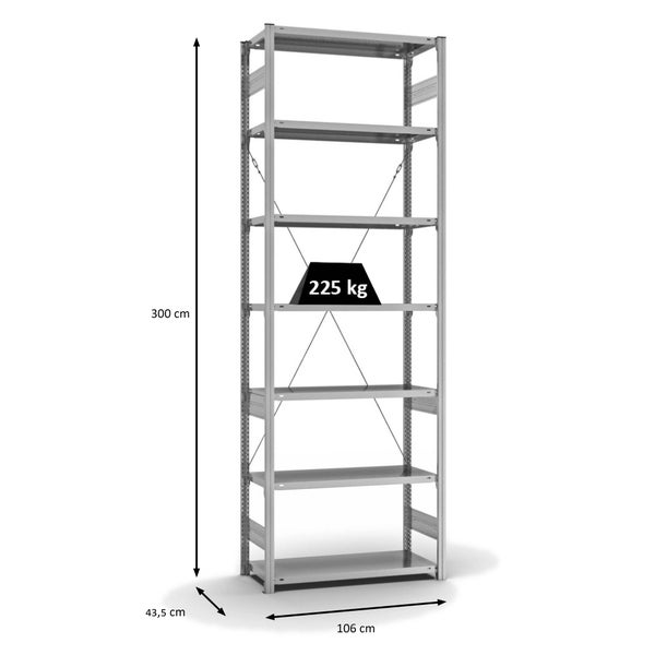 PROREGAL Fachbodenregal Stecksystem T-Profil Medium-Duty Grundregal HxBxT 300 x 100 x 40 cm 7 Ebenen Fachlast 225 kg Einseitig Nutzbar Verzinkt